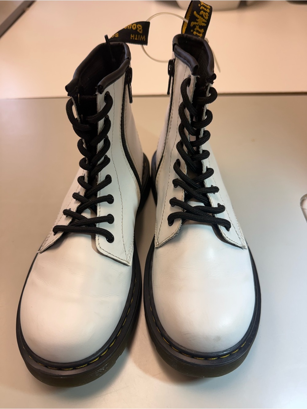 Dr. Martens White Leather Lace-Up Combat Boots with Black Laces